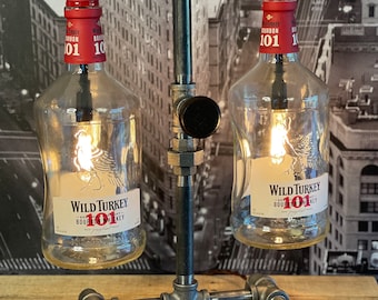 Vintage Industrial WT Bourbon Whisky Bottle Pipe Lamp Mancave Bar Light Gift for Him