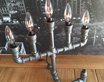 Vintage industrial Candelabra Pipe Lamp with Flicker Bulbs Halloween Lights Steampunk Goth