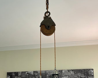 Well Pulley Pendant Light Vintage Industrial Satin Nickel Sockets Rustic Farmhouse Chic