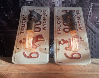 Vintage Industrial 1978 Wyoming Truck License Plate Pipe Lamp Sconce Pair