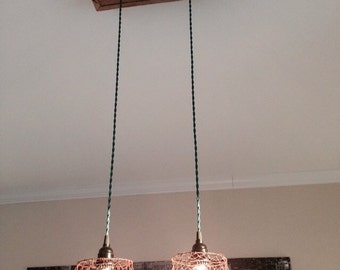 Vintage Industrial Double Cage Pendant Light with Barnwood Canopy