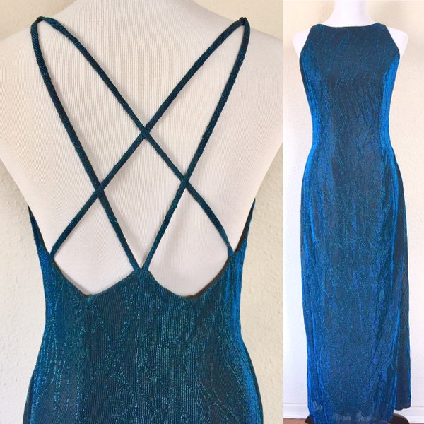 1990s vintage Scott McClintock by Jessica McClintock NWT blue iridescent strappy back prom dress bridesmaid