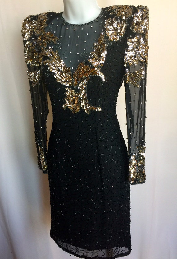 1980s Vintage Black and Gold Beaded Silk Cocktail Prom Dress - Etsy