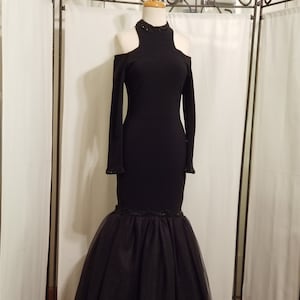 Black Knit Prom Dress with Beaded Trim Accents and Trendy Cold Shoulder Long Sleeves Prom Dress, Evening Gown , Pageant Gown