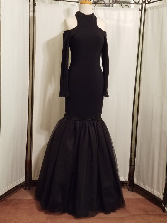 Black Knit Prom Dress With Beaded Trim Accents and Trendy Cold Shoulder  Long Sleeves Prom Dress, Evening Gown , Pageant Gown - Etsy