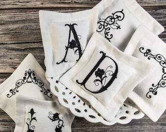Monogrammed Lavender Sachets, Set of 3, Ivory Linen, Embroidered Personalized Lavender Bags, Handmade Scented Gift Set, Wardrobe Fresheners