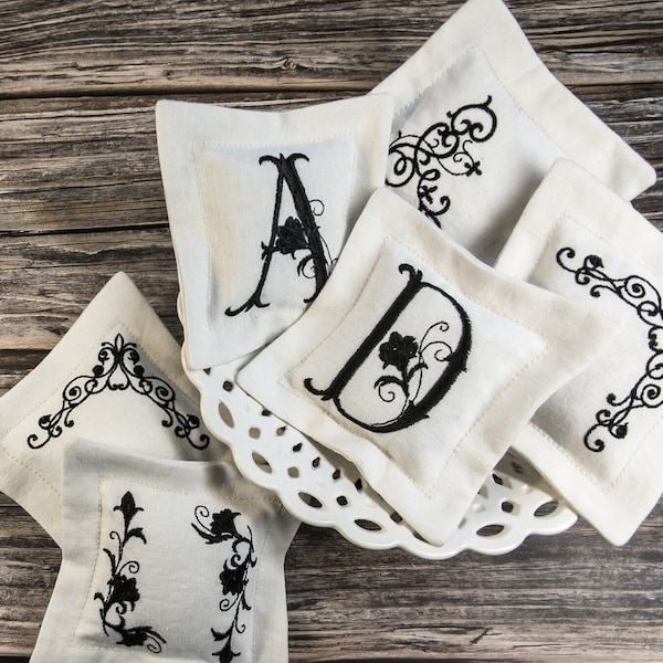 Monogrammed Lavender Sachets, Set of 3, Ivory Linen, Embroidered Personalized Lavender Bags, Handmade Scented Gift Set, Wardrobe Fresheners