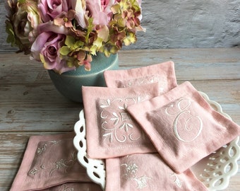 Monogrammed Lavender Sachets, Set of 3,  Pink Linen, Embroidered Personalized Lavender Bags, Handmade Scented Gift Set, Wardrobe Fresheners