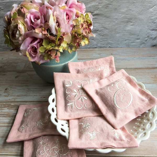 Monogrammed Lavender Sachets, Set of 3,  Pink Linen, Embroidered Personalized Lavender Bags, Handmade Scented Gift Set, Wardrobe Fresheners
