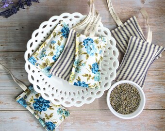 Lavender Sachets, Set of 3, Blue and White, Organic Dried Lavender Sachet Bags