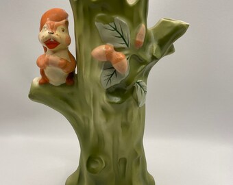 Vintage japanese enesco vase, squirrel vase, woodland creatures vase, acorns, green vase, alaskan sourced, free shipping, brush holder, tree
