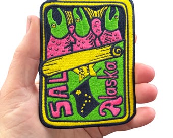 iron on patch: lil’ reds Alaska Salmon, alaska state flag, fish tin