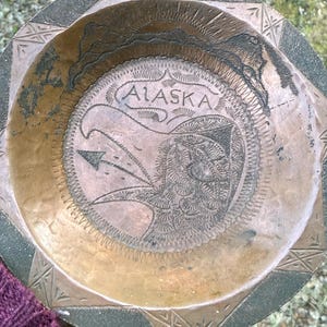 native Alaskan hammered copper ash tray, small tray, eagle, sunset motif