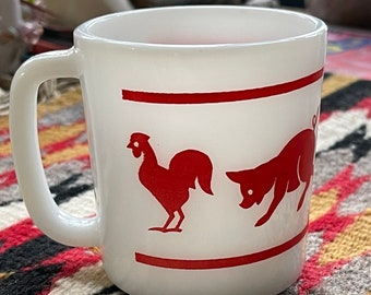 Farm animals milkglass mug, coffee mug, red and white glass mug, old RARE , rooster, pig, goat, duck mug, gift for child, classic childrens