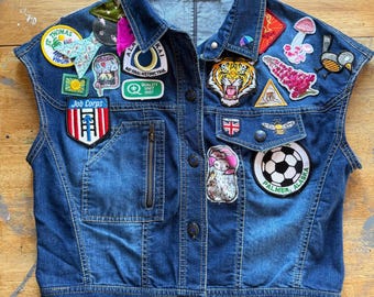Denim vest full of patches, art patches, vintage, one of a kind gift for dreamer