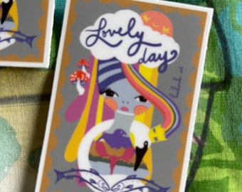 Lovely Day Matte Vinyl Sticker, Kosharek Art, Salmon & Crow