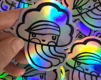 Laptop sticker, street artist slap, collectible sticker, gift for teen, holographic sticker, cloud, rainbow, unique gift, happy sticker