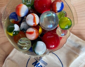 Vintage marbles, Reatoration Hardware set, with marble bag