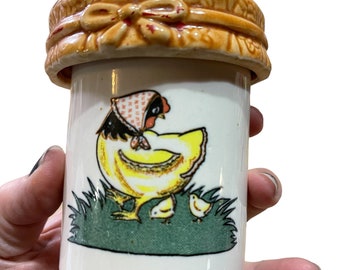 Faux jar, mother hen and chicks storage container, ceramic, vintage chicken, 3”x 3.5” kitschy kitchen