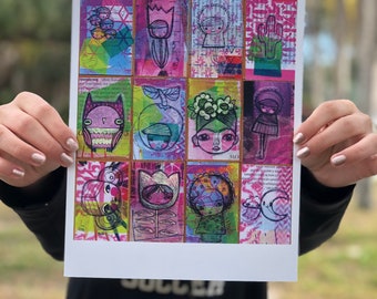 Art-O-Mat pieces photo, 8x10 PRINT. kosharek art, owls, Frida, Gretchen, collage drawing, hand signed by artist, ready to ship gift,