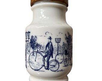 Vintage European Mustard jar, milkglass, storage jar, bike, bicycle, 4 3/4”, faux wood lid, hard to find, gift for cyclist, collectible