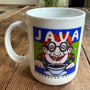 Taza de café ilustrada con el logo JAVA de Starbucks de los años 90, taza de café vintage