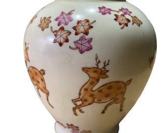 Beautiful porcelain-ware hand painted vase, made in hong kong, deer and fall leaves, antique vase, 6” tall by 5.5”, pink brown leaves, dots
