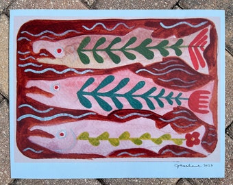 11 x 14 hand signed Kosharek art, Alaskan Salmon art, sockeye