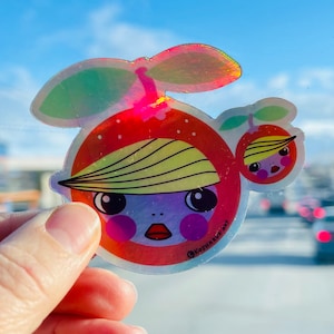 Adesivo in vinile, olografico, adesivo da 3", regalo per gli amanti degli agrumi, regalo per gli amanti della Florida, arte straordinaria, kosharek, vita in Florida, mandarino, mamma e bambino