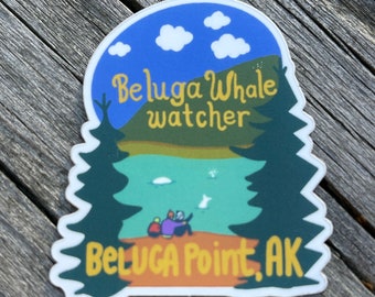 Belgua Whale Watcher’s  Club, vinyl sticker, 2” tall, Hydro flask sticker, laptop slap, kosharek art, Alaskan, beluga whale, beluga point,