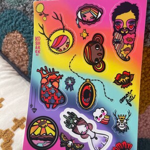 1 Vinyl Stickerbogen, 10,5x15,5 cm, 10 Sticker, Wasserflasche, Laptopklatsch, Kosharek Kunst, bärtiger Mann, anatomisches Herz, Kiffer, Geweih