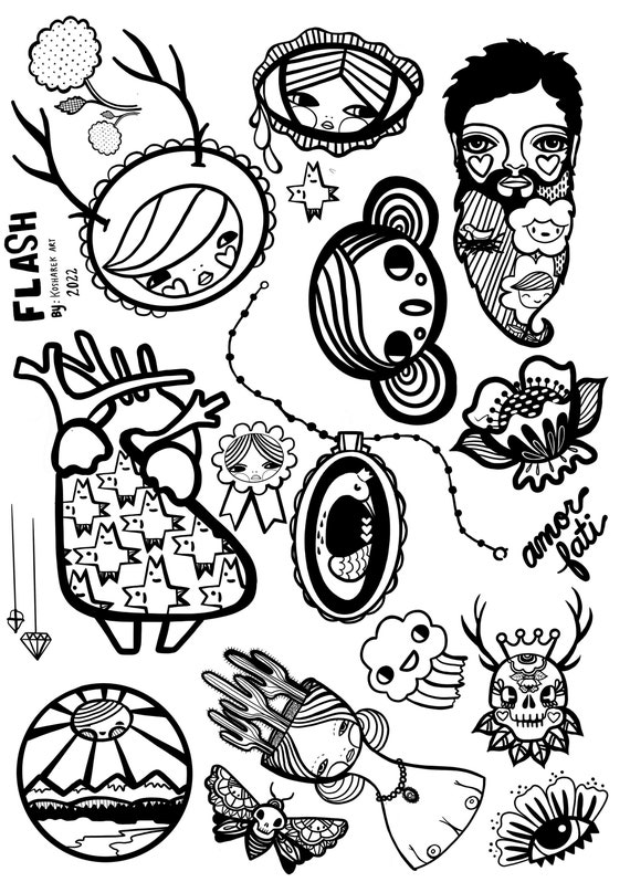 Kosharek Art Tattoo Flash Drawings for Your Body, Digital Download, for  Personal Use Only, Whimsical Art, Kawaii, Cute Tattoos, Heart, Beard - Etsy