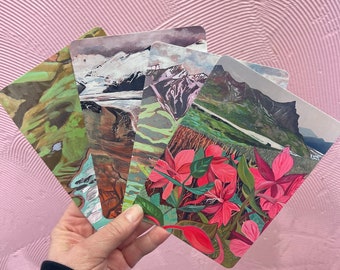Set van 4 ansichtkaarten met schilderijen gemaakt van McCarthy, Alaska, Kennecott, AK, nationaal park geek, Wrangall St. Elias, gletsjer, wilgenroosje, toendra