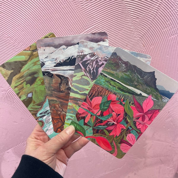 Set of 4 postcards of paintings done of McCarthy, Alaska, Kennecott, AK, national park geek, Wrangall St. Elias, glacier, fireweed, tundra