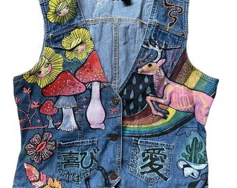 Festival one of a kind Denim Vest, 21” across, hand painted, hand sewn, hand placed crystals, wearable art, parches, mushrooms, deer, cactus