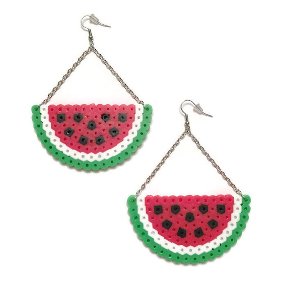 Red Watermelon Wedge Earrings Perler Beads Hama Beads Fuse Beads Emoji Jewelry Kewlery Dangle Earrings