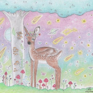 May include: A whimsical illustration of a deer with wings and a flower crown standing in a forest with a large tree, mushrooms, and butterflies. The background is a colourful sky with stars, planets, and shooting stars.