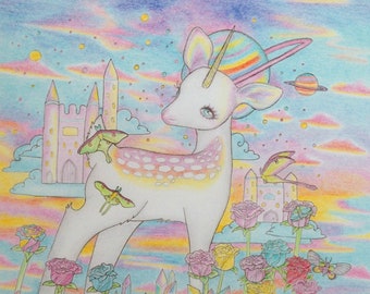 Opal Deerling - Signed Art Print - Various Sizes - Dreamy Unicorn Fairytale Fantasy Crystals Luna Moth Castle Space