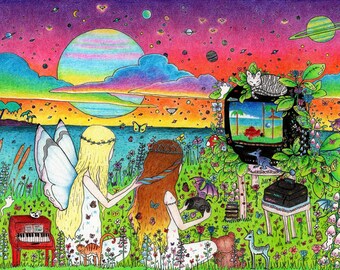Nostalgia Sisters - Signed Art Prints - Nostalgic Video Games Naturecore Fairycore Fae Bohemian Boho Friendship Space