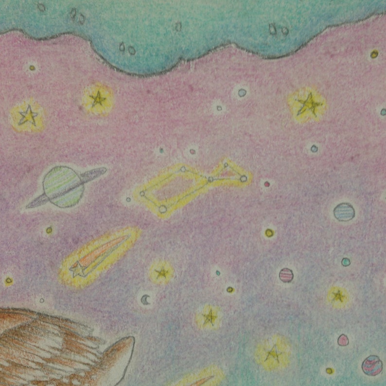 May include: A hand-drawn illustration of a night sky with a pink, purple, and blue gradient. The sky is filled with stars, planets, and a comet. The illustration is done in coloured pencil.