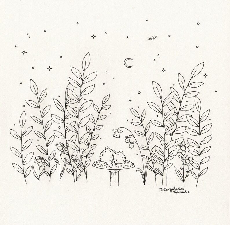 Op de afbeelding: Een zwart-witte lijntekening van twee kikkers die op een paddenstoel zitten onder een halve maan. De kikkers worden omringd door bloemen en bladeren. De tekening is tegen een achtergrond van sterren.