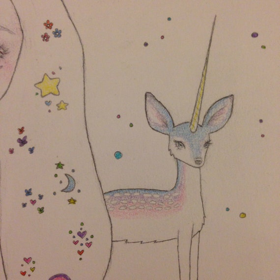 Moon Girl With Unicorn Fawn Original Art Pencil Drawing 21 X 236 Cm
