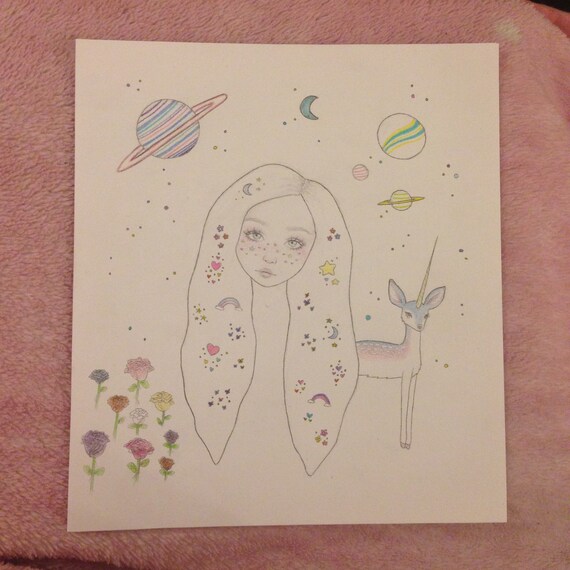 Moon Girl With Unicorn Fawn Original Art Pencil Drawing 21 X 236 Cm