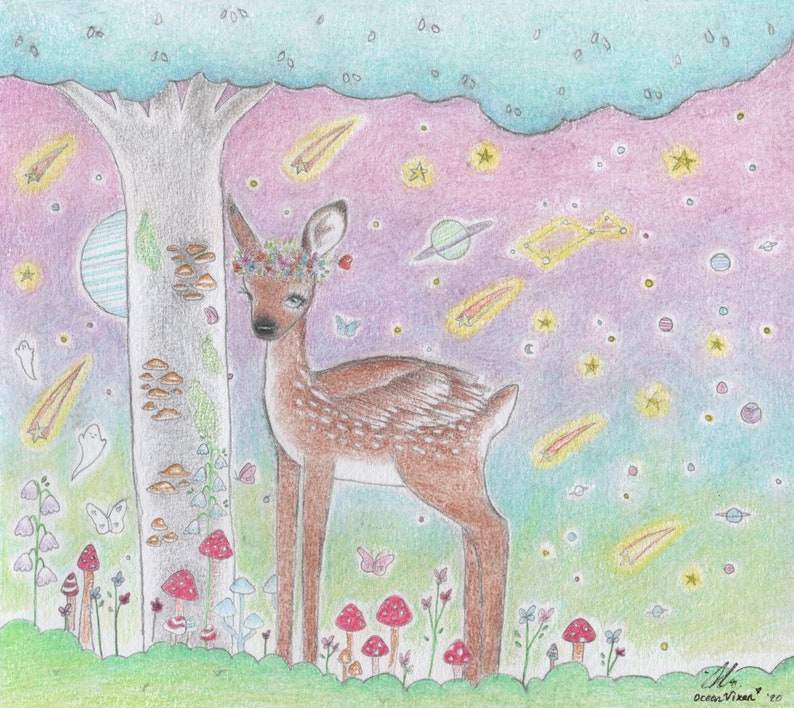 May include: A whimsical illustration of a deer with wings and a flower crown standing in a forest with a large tree, mushrooms, and butterflies. The background is a colourful sky with stars, planets, and shooting stars.