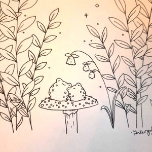 Op de afbeelding: Een zwart-witte lijntekening van twee kikkers die slapen op een paddenstoel onder een bladerdak. De tekening is eenvoudig en fantasierijk.