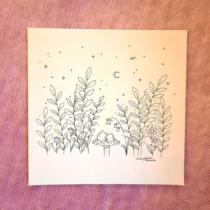 Op de afbeelding: Een zwart-witte lijntekening van twee kikkers die op een paddenstoel zitten onder een halve maan. De kikkers worden omringd door hoog gras en bloemen. De tekening is op een witte achtergrond met een sterrenhemel.