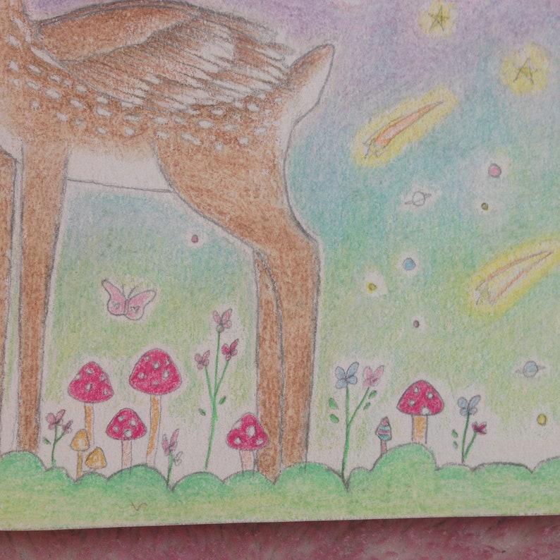 May include: A hand-drawn illustration of a deer standing in a field of flowers and mushrooms. The deer is brown with white spots and is standing on its hind legs. The flowers are pink, purple, and yellow. The mushrooms are red with white spots. The background is a light blue sky with stars and shooting stars.
