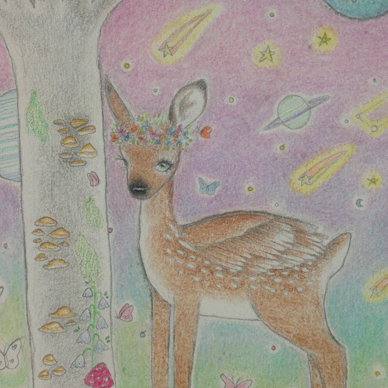 May include: A hand-drawn illustration of a fawn wearing a flower crown, standing in a forest with a tree trunk on the left and a pink, purple, and blue starry sky with shooting stars and planets in the background.