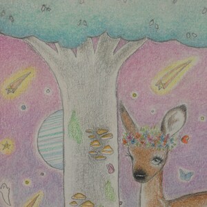 May include: A whimsical illustration of a deer with a flower crown standing in front of a large tree with a blue and green sky behind it. The deer has brown fur and a white nose. The tree has a light blue trunk and a green canopy. The sky is filled with stars and shooting stars.