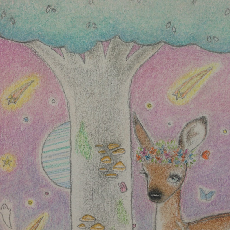 May include: A whimsical illustration of a deer with a flower crown standing in front of a large tree with a blue and green sky behind it. The deer has brown fur and a white nose. The tree has a light blue trunk and a green canopy. The sky is filled with stars and shooting stars.